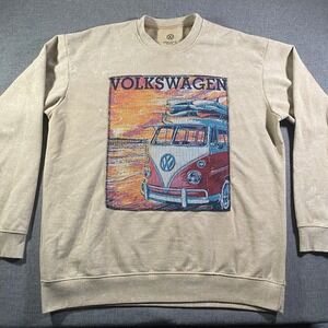 Volkswagen VW Bus Beach Sunset Graphic Sweatshirt Mens XL Tan Licensed Retro